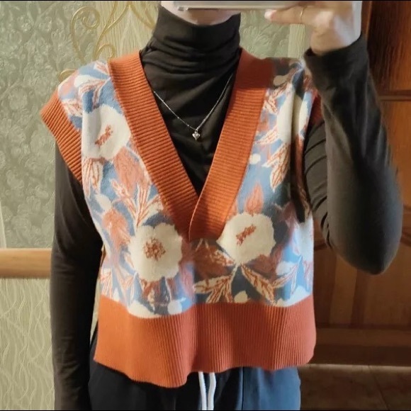 Floral know vest sweater too v-neck high low knit vintage soft orange - Picture 7 of 14